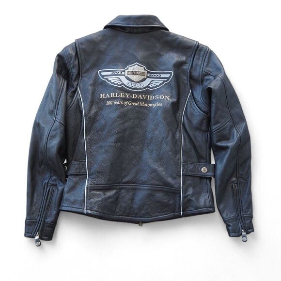 Harley Davidson 03 Vintage 100th Anniversary Motorcycle Leather Jacket Women's S - Picture 2 of 9